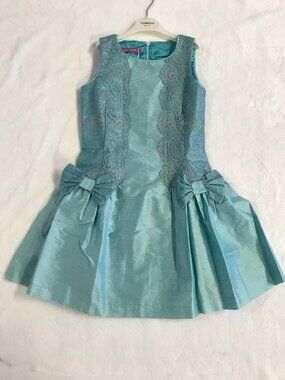 Val Max Made Italy Girls 10 Aqua Blue Lace Bow Dress NWT